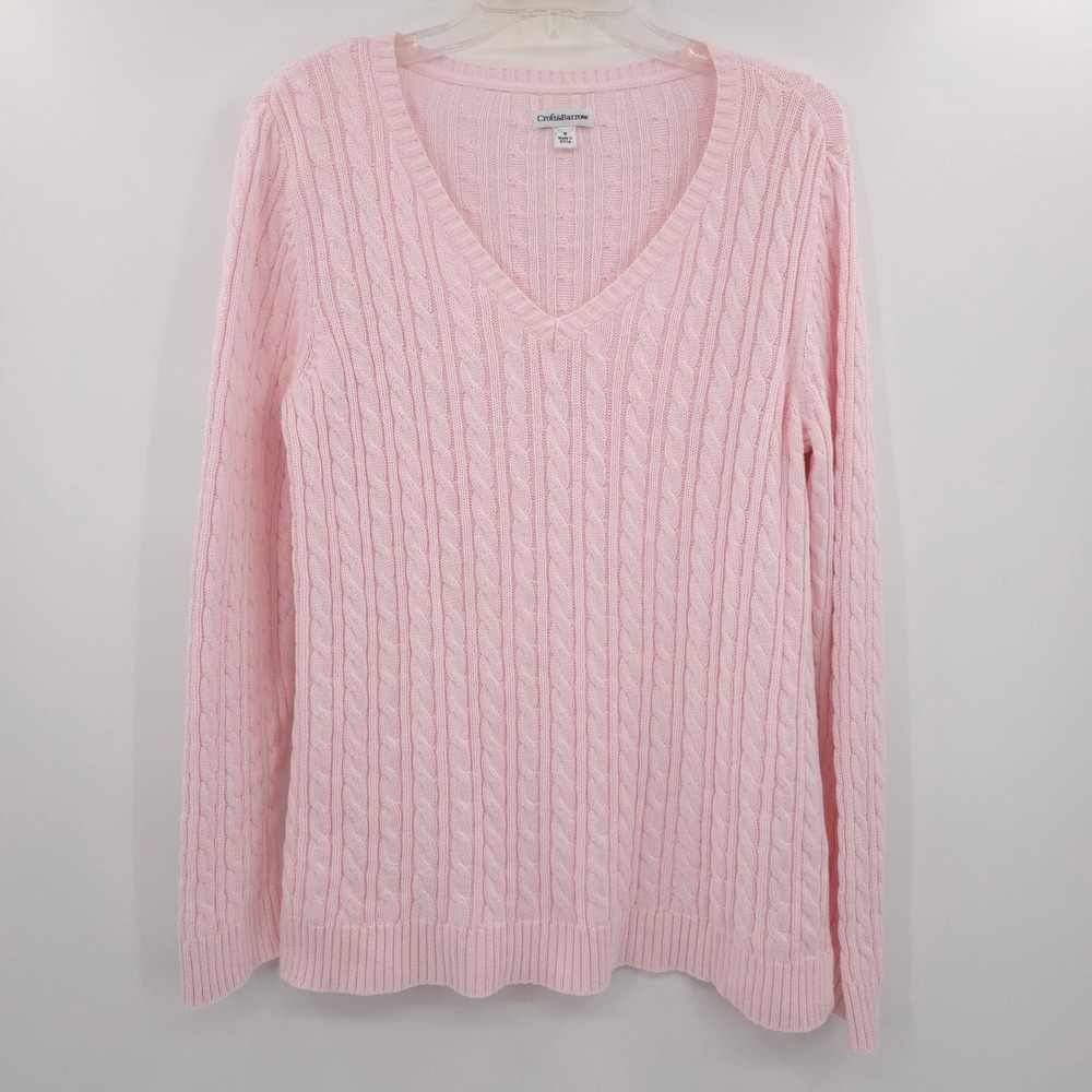 Croft & Barrow Cable Knit Sweater Womens Small Pink V-Neck 100% Cotton tennis